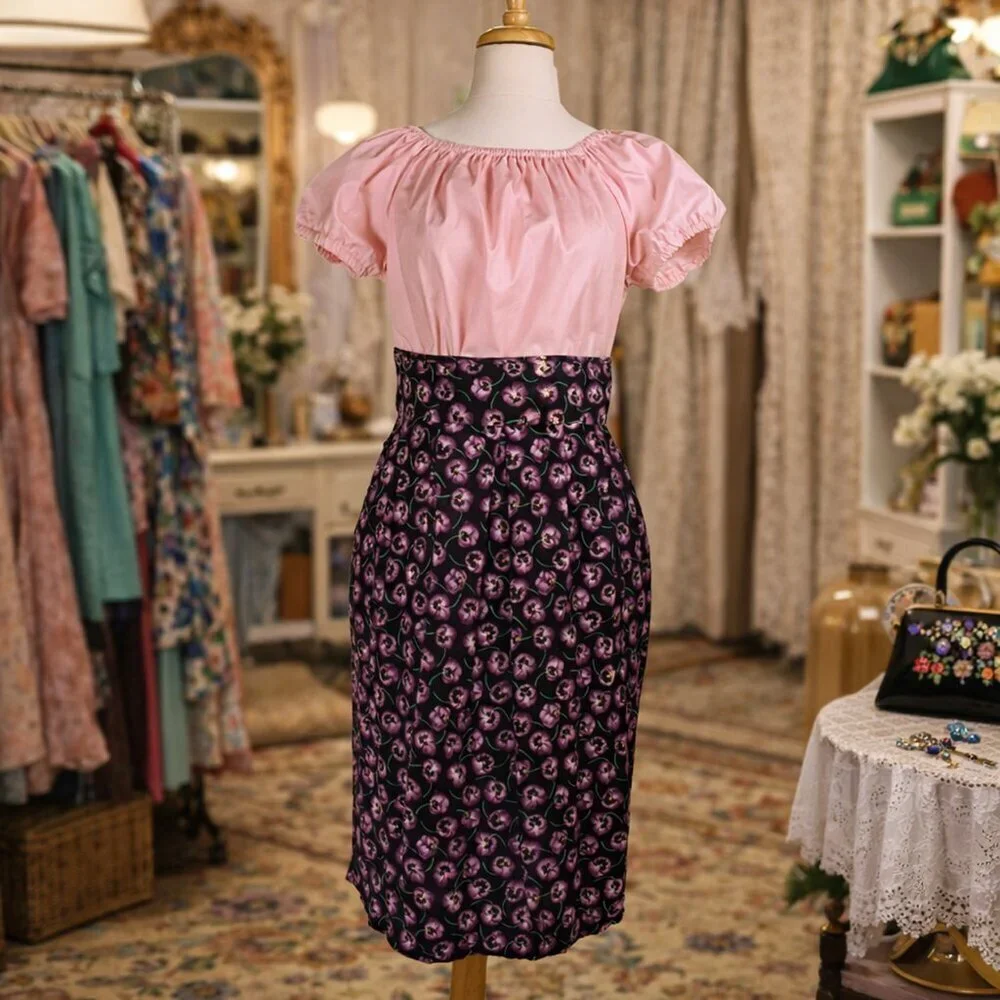 Vintage Worthington Midi Skirt 14 Black Violet Pansy Print High Waist - Hey Viv